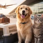 “Pet travel luggage at airport with airplane in background”