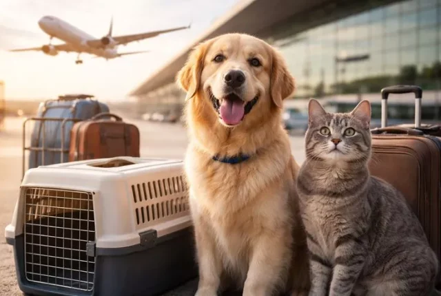 “Pet travel luggage at airport with airplane in background”
