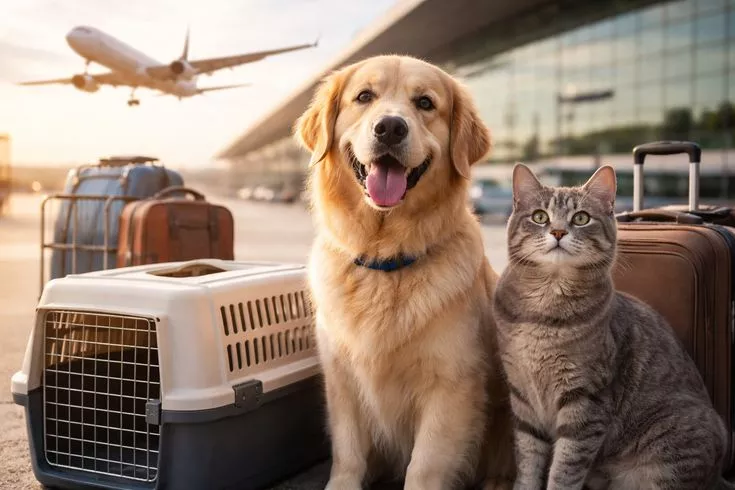 “Pet travel luggage at airport with airplane in background”